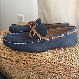 GH Bass Navy Suede Boat Moccasins with Tan Laces